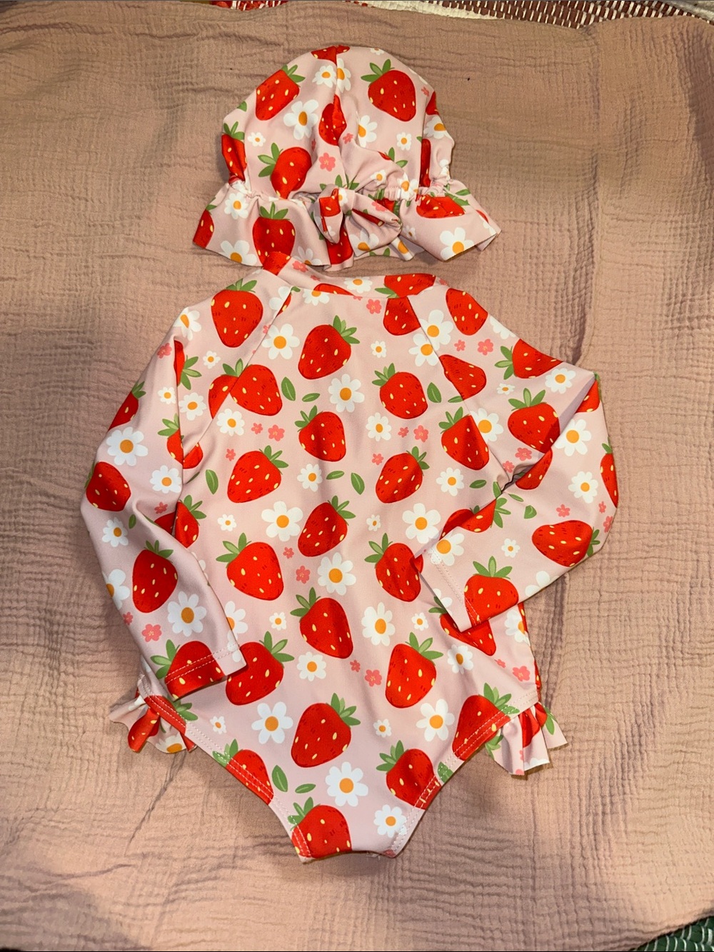 Strawberry Print Long Sleeve Baby Swimsuit with Matching Hat